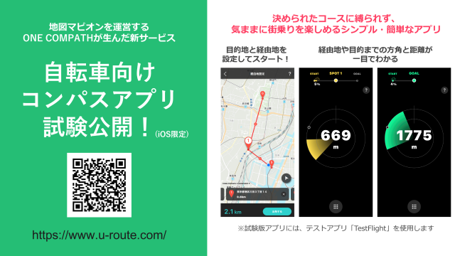 ONE COMPATH、自転車向けコンパスアプリをiOS限定で試験公開