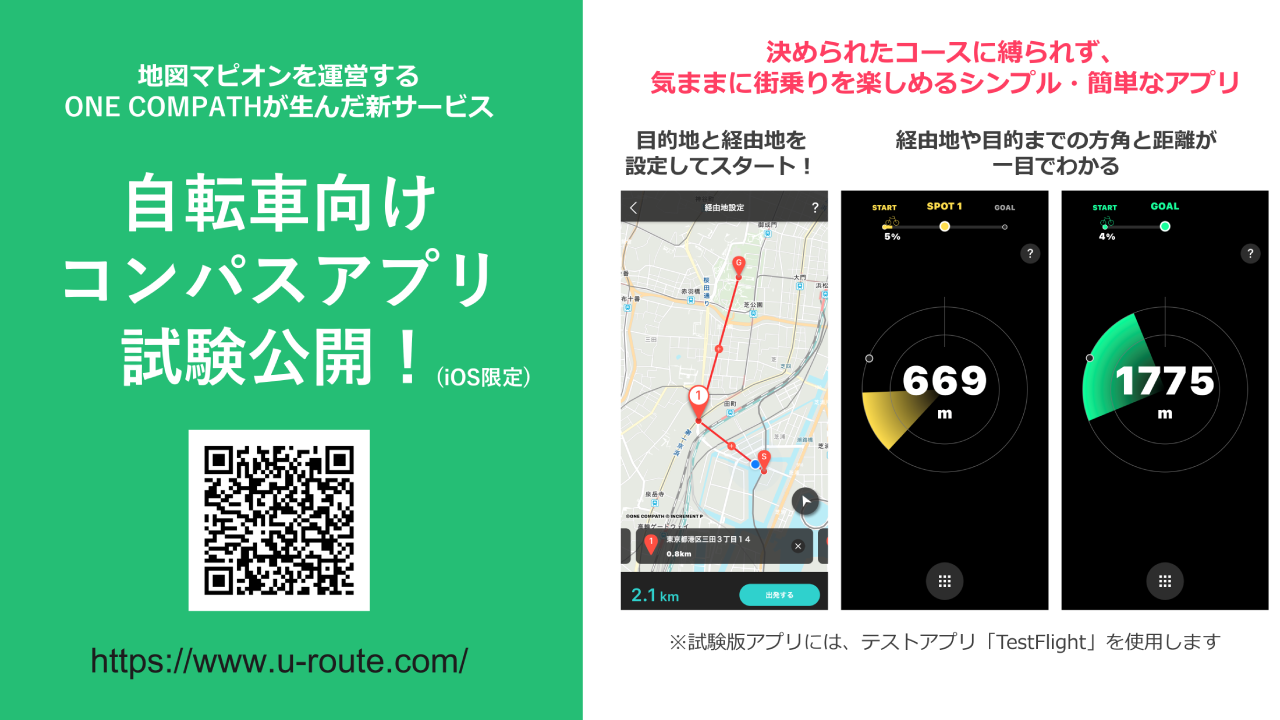 ONE COMPATH、自転車向けコンパスアプリをiOS限定で試験公開