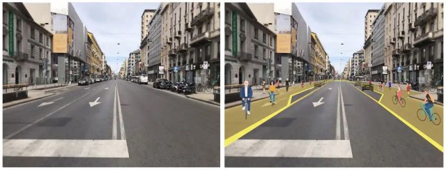 Plans for Corso Buenos Aires before and after the Strade Aperte project. Composite: PR