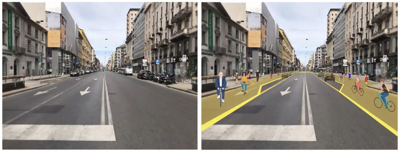 Plans for Corso Buenos Aires before and after the Strade Aperte project. Composite: PR
